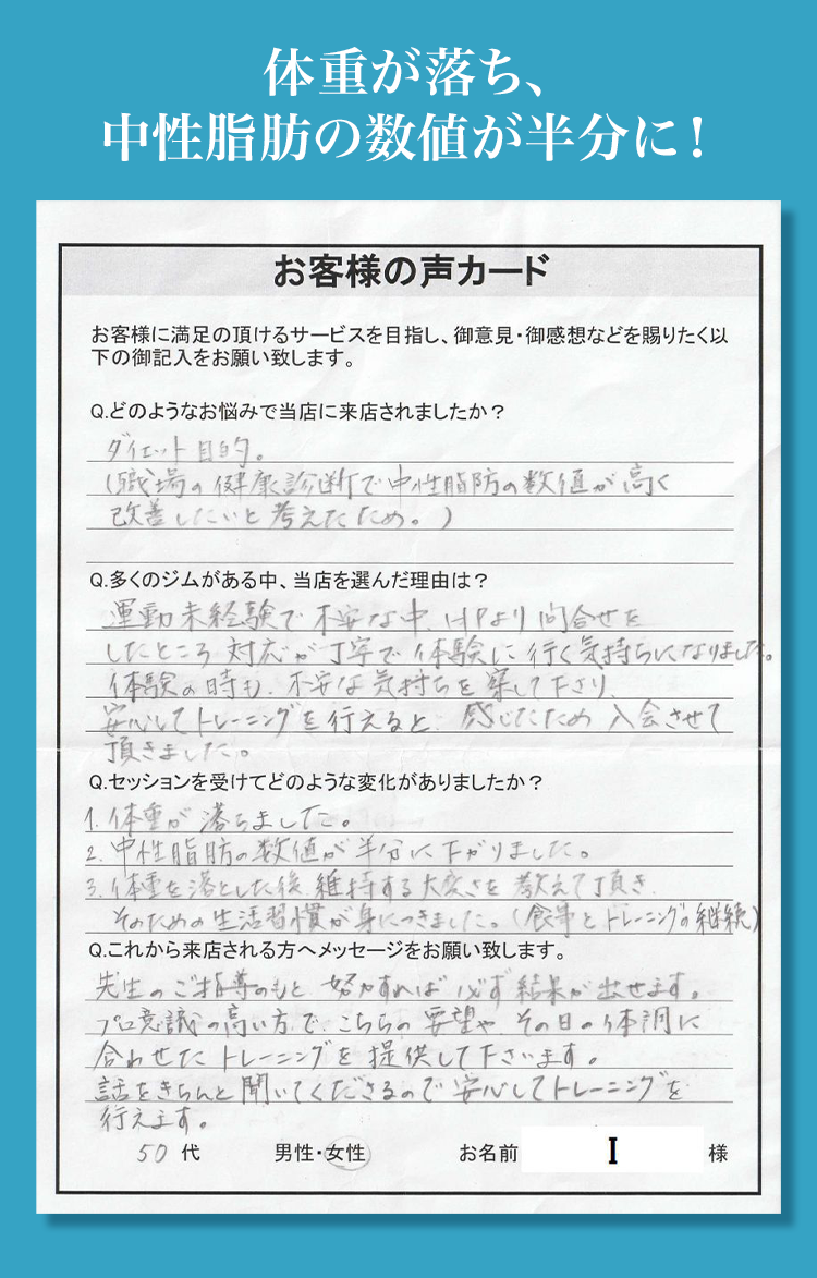 お客様の声 体重が落ちて中性脂肪も半分に