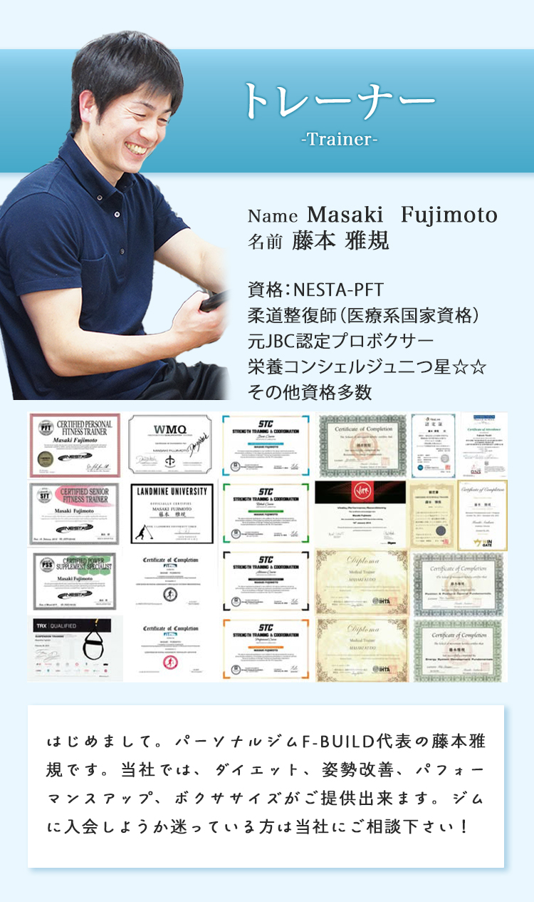 トレーナー紹介、メッセージ、資格やディプロマの紹介。